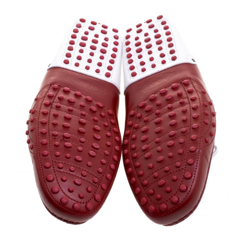 Pre Owned Tod's for Ferrari Red and White Leather Bow Loafers Size 44.5