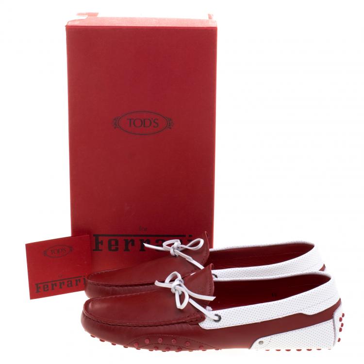 Pre Owned Tod's for Ferrari Red and White Leather Bow Loafers Size 44.5