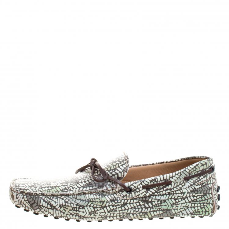 Pre Owned Tod's Green Abstract Print Leather Bow Loafers Size 43