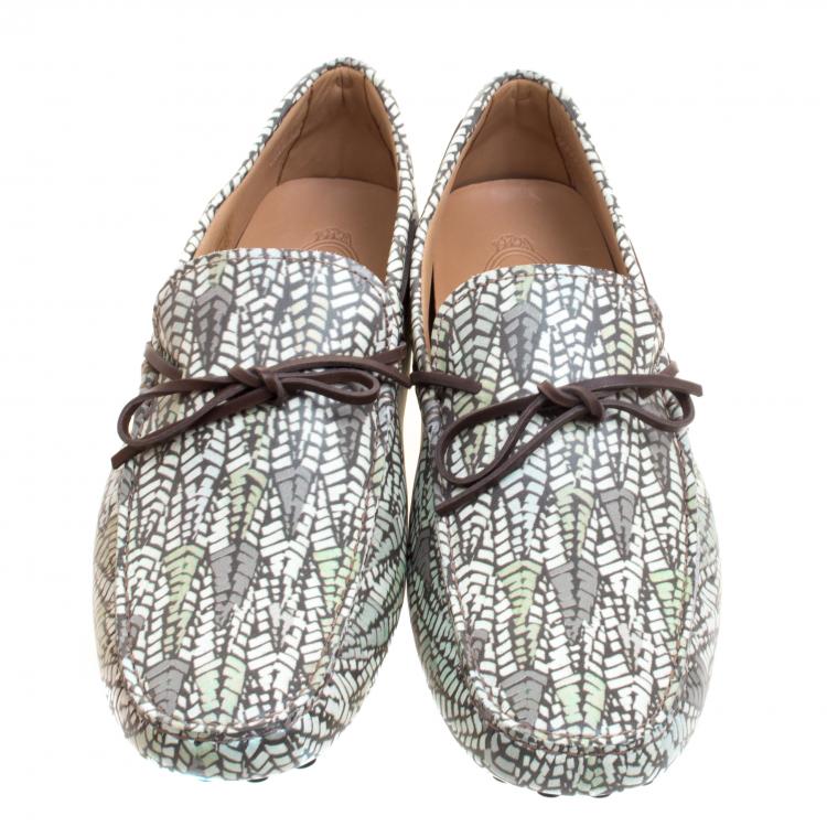 Pre Owned Tod's Green Abstract Print Leather Bow Loafers Size 43