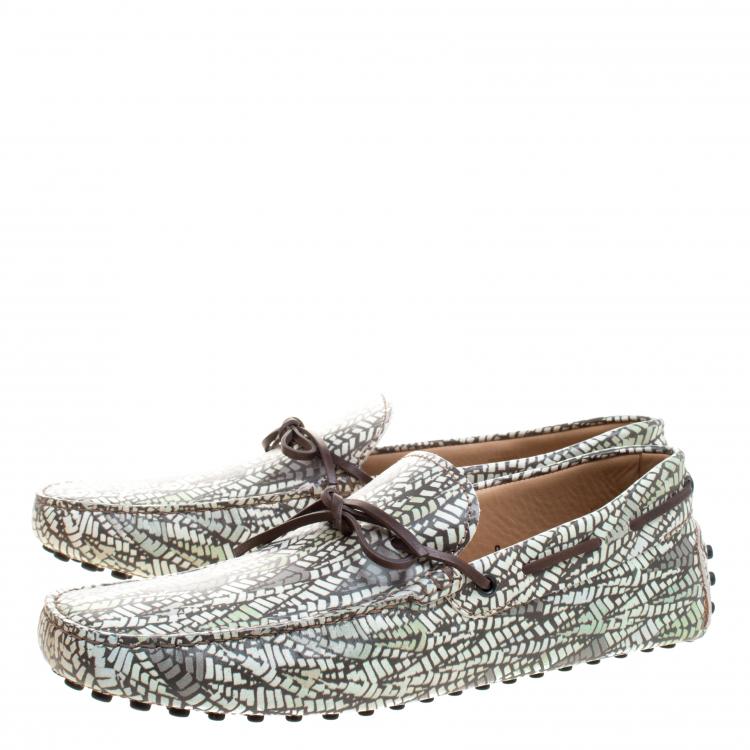 Pre Owned Tod's Green Abstract Print Leather Bow Loafers Size 43