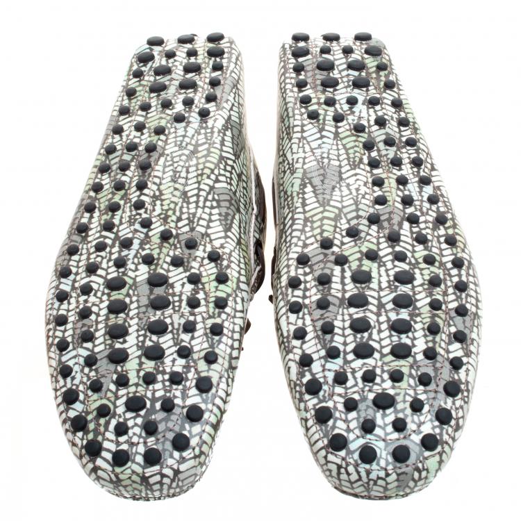 Pre Owned Tod's Green Abstract Print Leather Bow Loafers Size 43