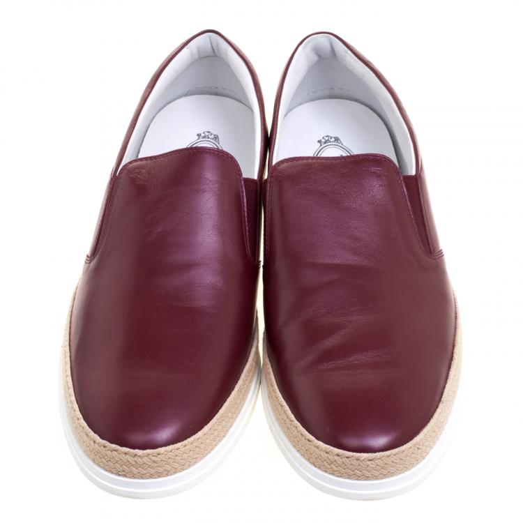 Pre Owned Tod's Burgundy Leather Espadrille Slip-On Sneakers Size 44.5