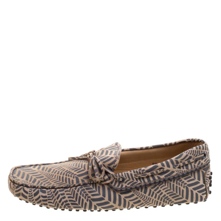 Pre Owned Tod's Beige and Grey Printed Leather Bow Loafers Size 42.5