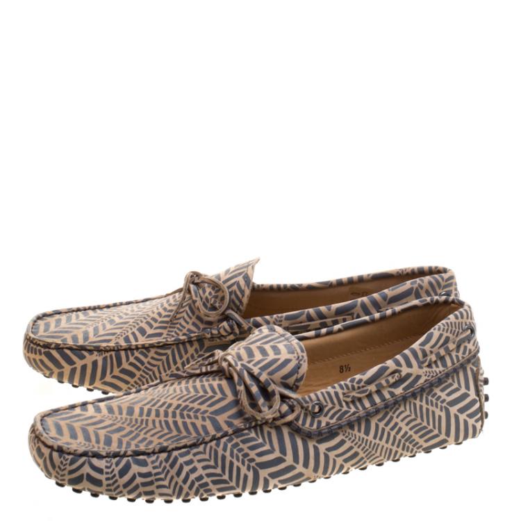 Pre Owned Tod's Beige and Grey Printed Leather Bow Loafers Size 42.5