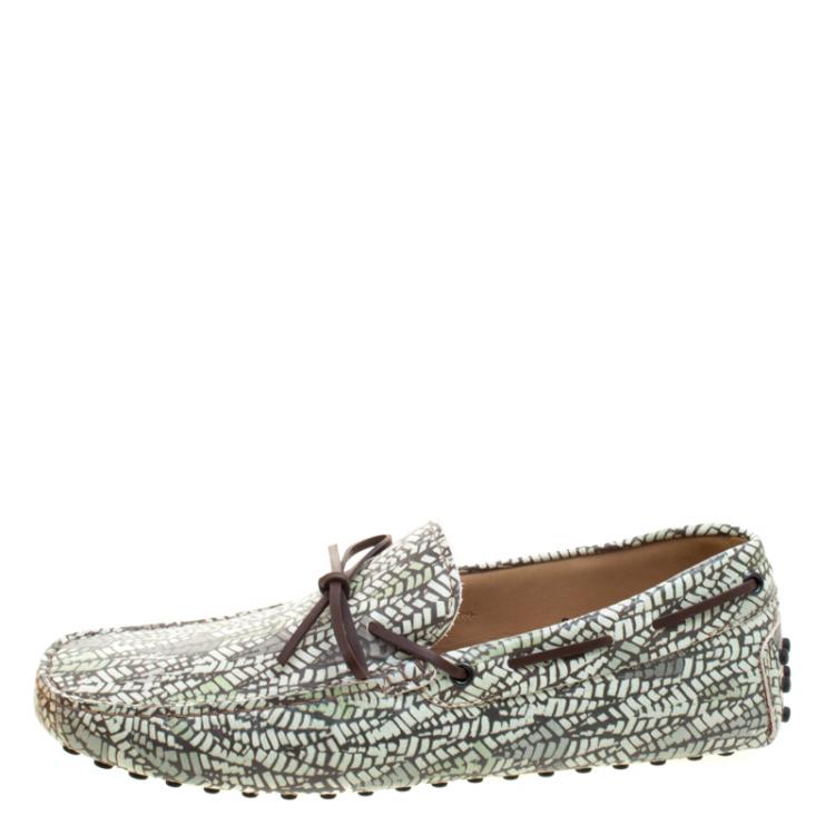 Pre Owned Tod's Green Abstract Print Leather Bow Loafers Size 42