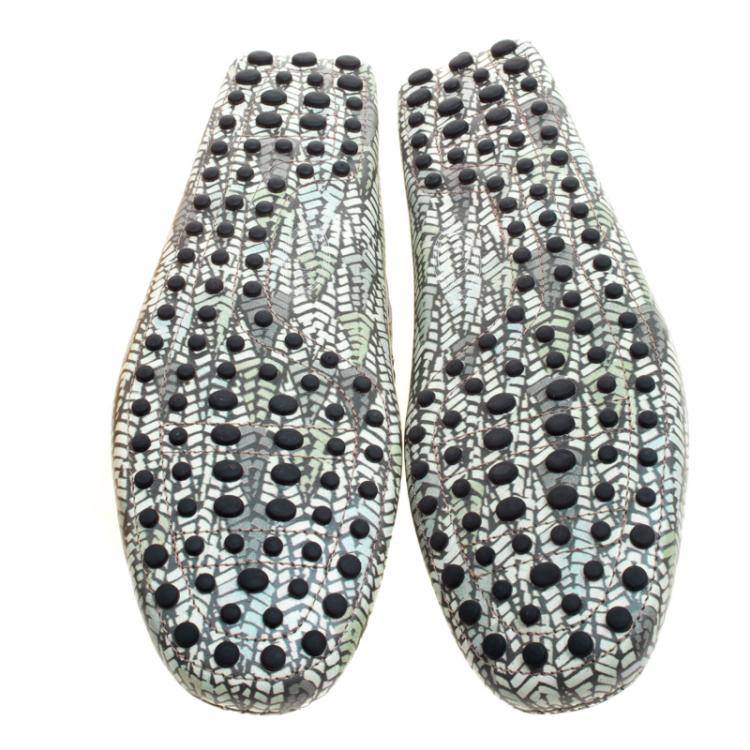 Pre Owned Tod's Green Abstract Print Leather Bow Loafers Size 42