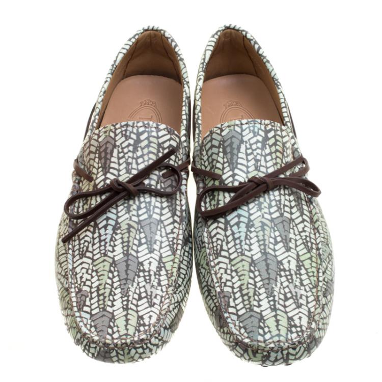 Pre Owned Tod's Green Abstract Print Leather Bow Loafers Size 42