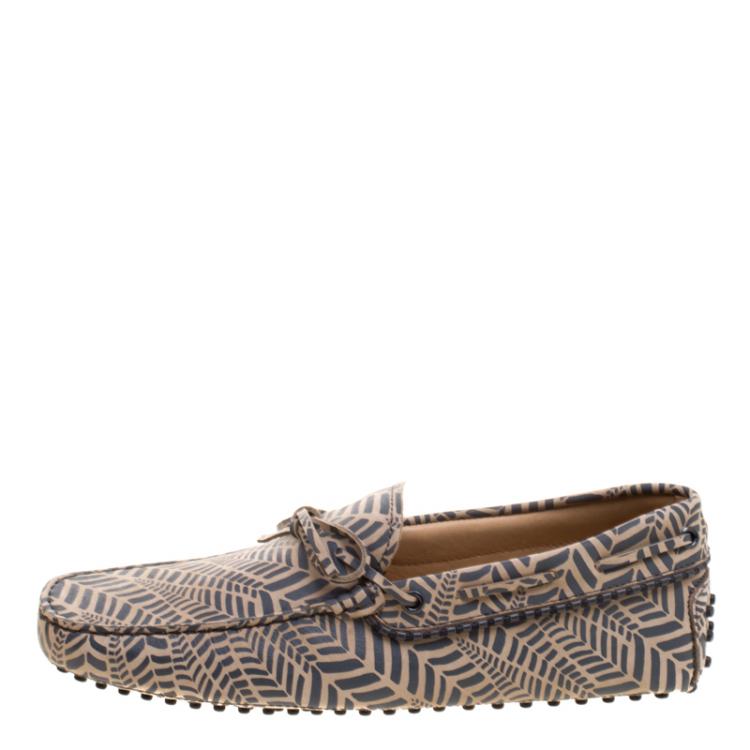 Pre Owned Tod's Beige and Grey Printed Leather Bow Loafers Size 42.5