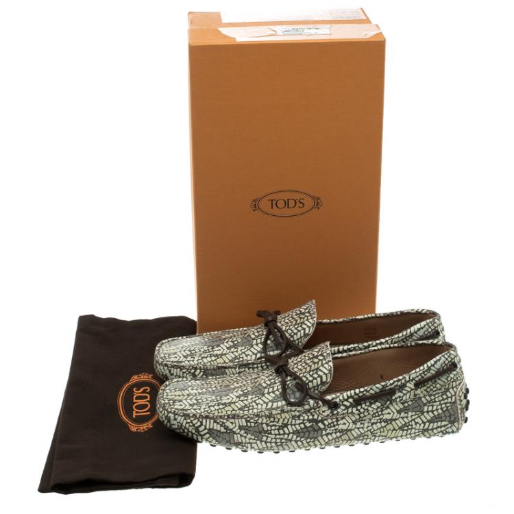 Pre Owned Tod's Green Abstract Print Leather Bow Loafers Size 42
