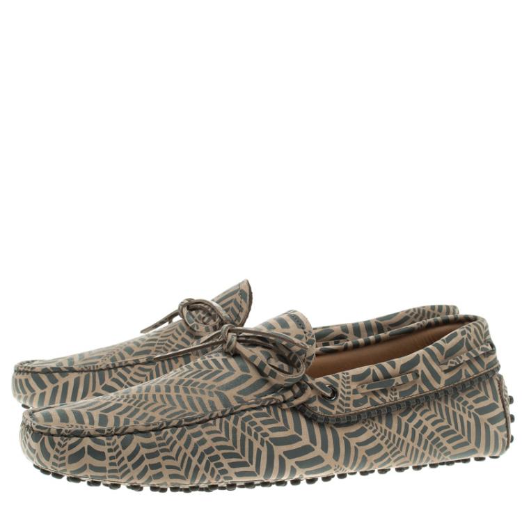 Pre Owned Tod's Beige and Grey Printed Leather Bow Loafers Size 42