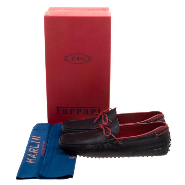 Pre Owned Tod's for Ferrari Black and Red Leather Bow Loafers Size 44