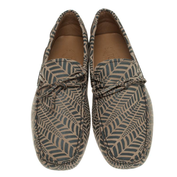 Pre Owned Tod's Beige and Grey Printed Leather Bow Loafers Size 42.5