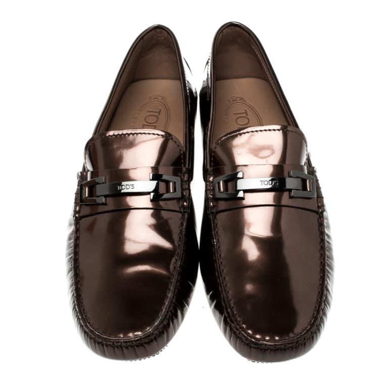 Pre Owned Tod's Metallic Bronze Leather Macro Clamp Loafers Size 42.5