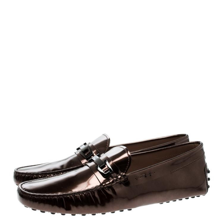 Pre Owned Tod's Metallic Bronze Leather Macro Clamp Loafers Size 42.5