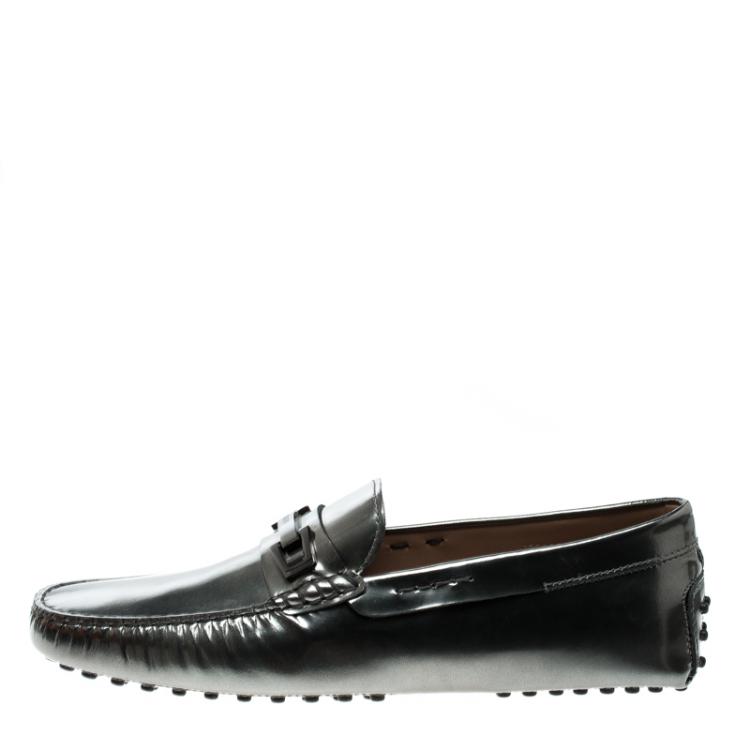 Pre Owned Tod's Metallic Grey Leather Macro Clamp Loafers Size 42.5