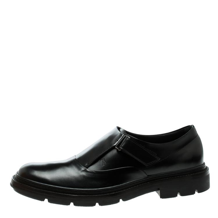 Pre Owned Tod's Black Leather Velcro Fastening Concealed Loafers Size 41.5
