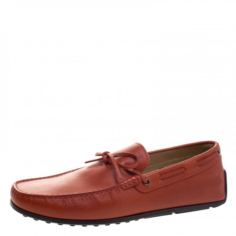 Pre Owned Tod's Bronze Orange Leather Bow Loafers Size 42.5