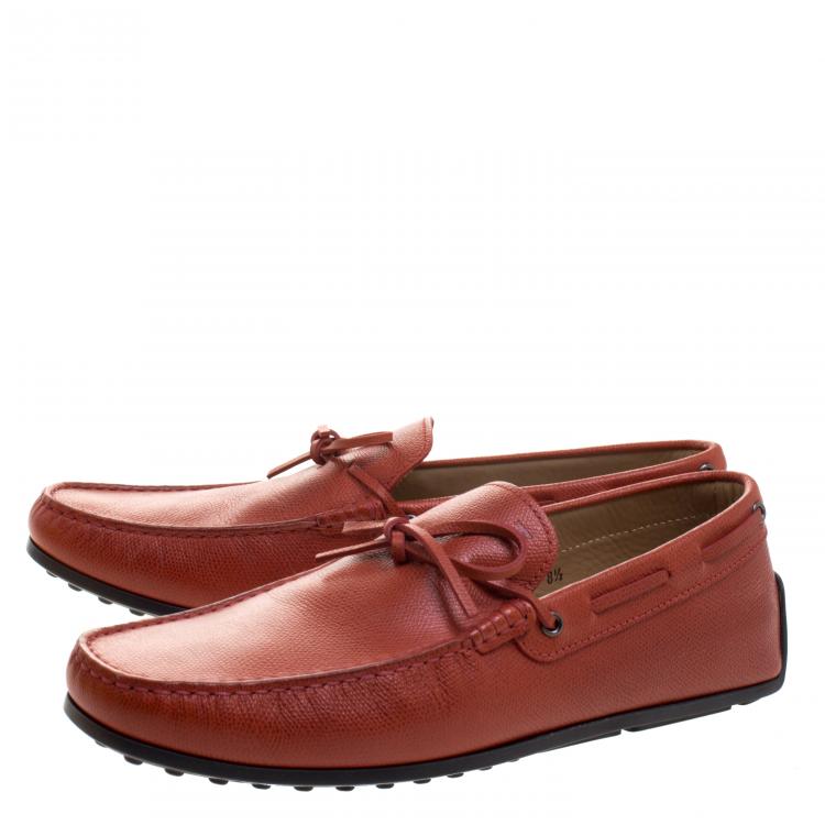 Pre Owned Tod's Bronze Orange Leather Bow Loafers Size 42.5