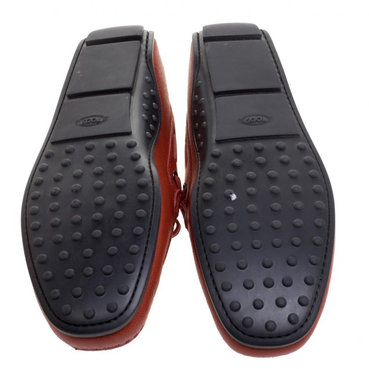 Pre Owned Tod's Bronze Orange Leather Bow Loafers Size 42.5