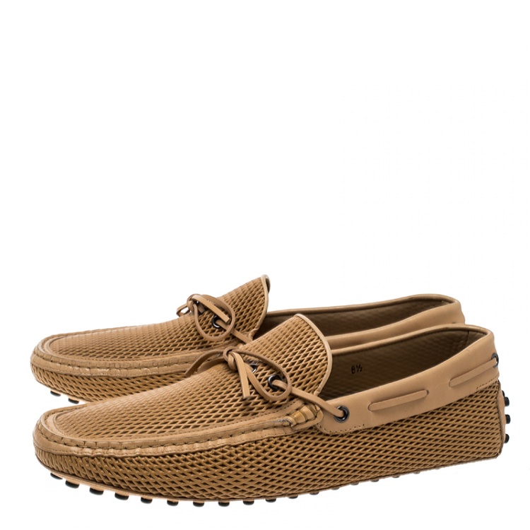 Pre Owned Tod's Beige Diamond Laser Cut Leather Bow Loafers Size 42.5