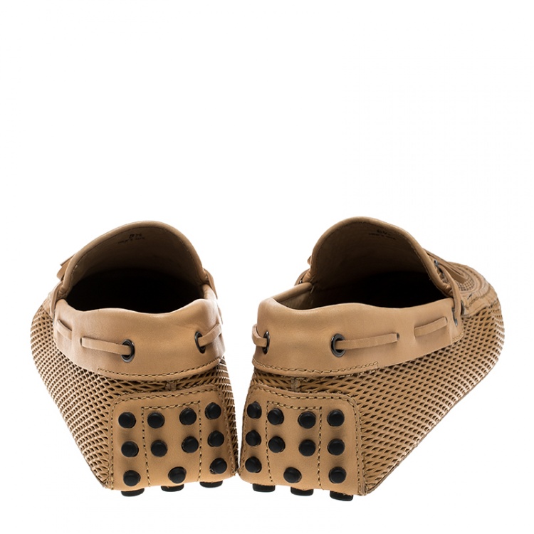 Pre Owned Tod's Beige Diamond Laser Cut Leather Bow Loafers Size 42.5