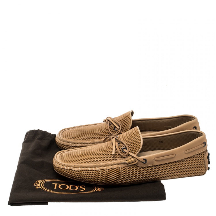 Pre Owned Tod's Beige Diamond Laser Cut Leather Bow Loafers Size 42.5