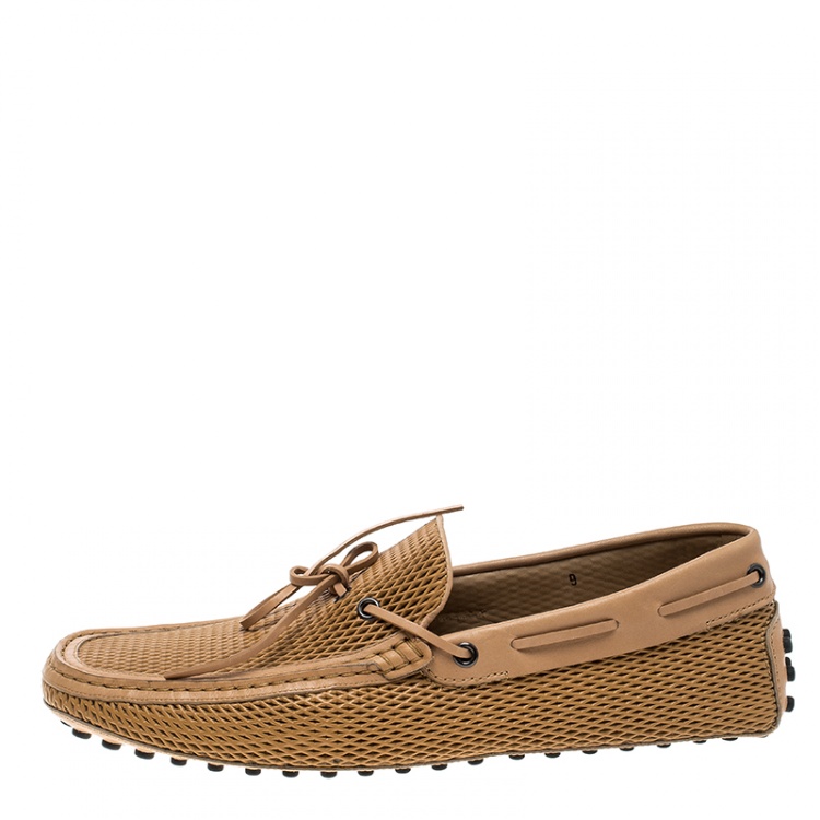 Pre Owned Tod's Beige Diamond Laser Cut Leather Bow Loafers Size 43