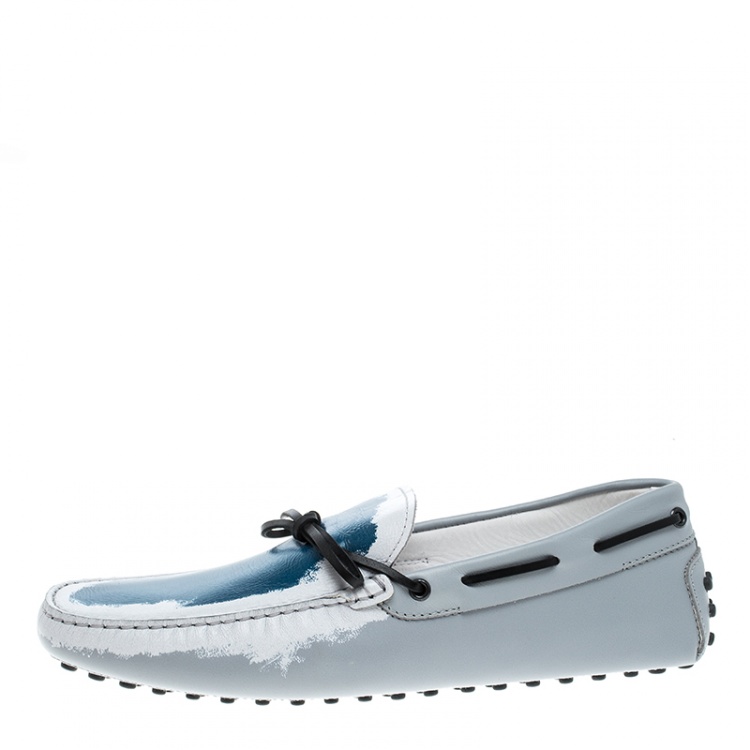 Pre Owned Tod's Grey Leather Paint Splotch Bow Loafers Size 44.5