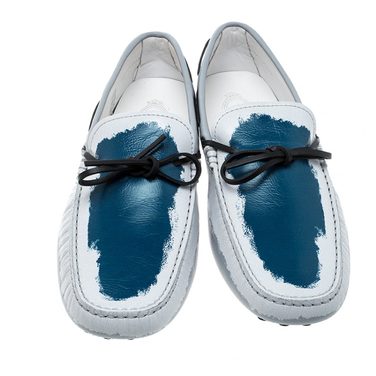 Pre Owned Tod's Grey Leather Paint Splotch Bow Loafers Size 44.5