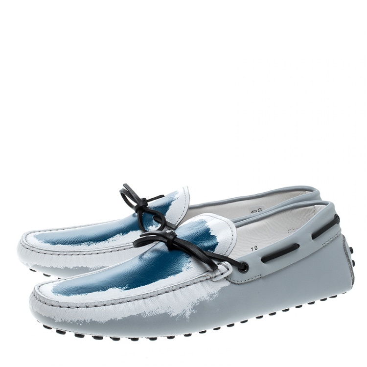 Pre Owned Tod's Grey Leather Paint Splotch Bow Loafers Size 44.5