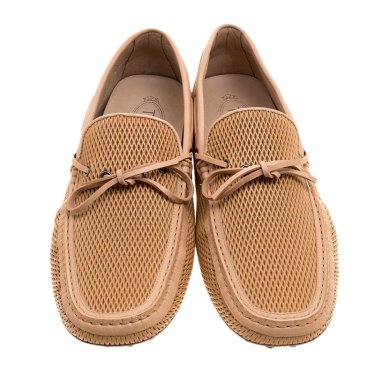 Pre Owned Tod's Beige Diamond Laser Cut Leather Bow Loafers Size 45.5