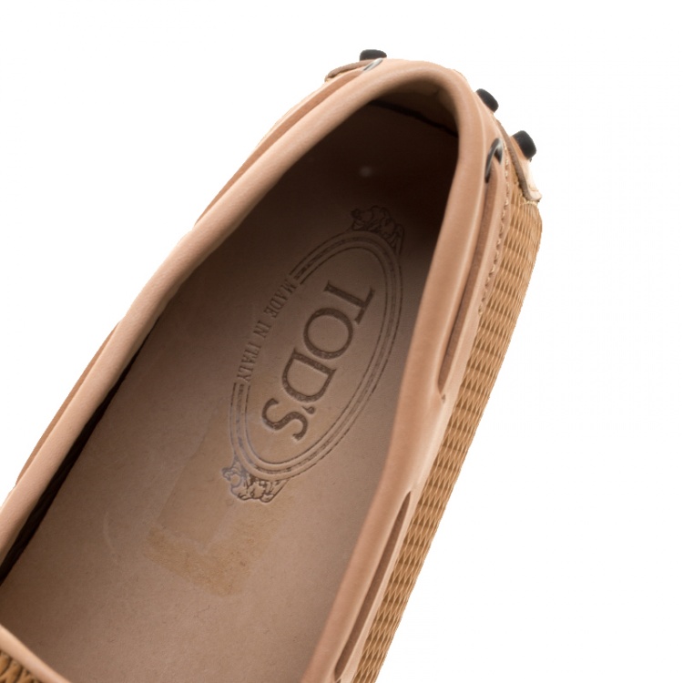 Pre Owned Tod's Beige Diamond Laser Cut Leather Bow Loafers Size 45.5