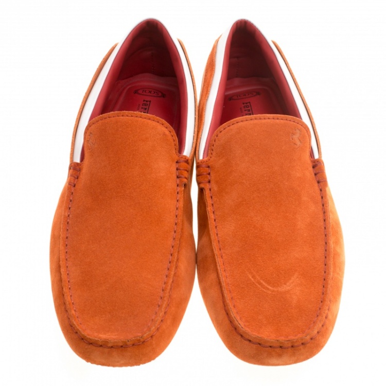 Pre Owned Tod's For Ferrari Orange and White Suede Loafers Size 44
