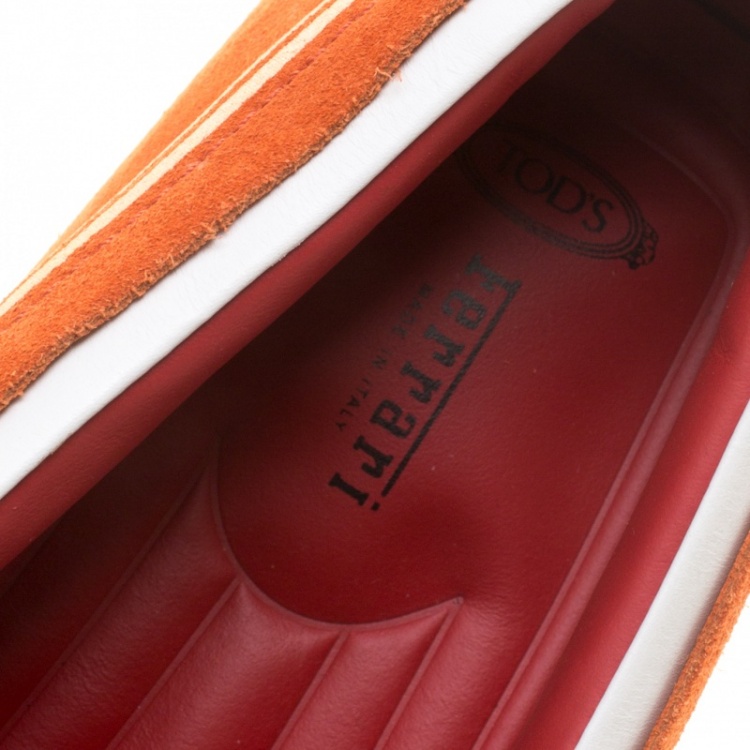 Pre Owned Tod's For Ferrari Orange and White Suede Loafers Size 44