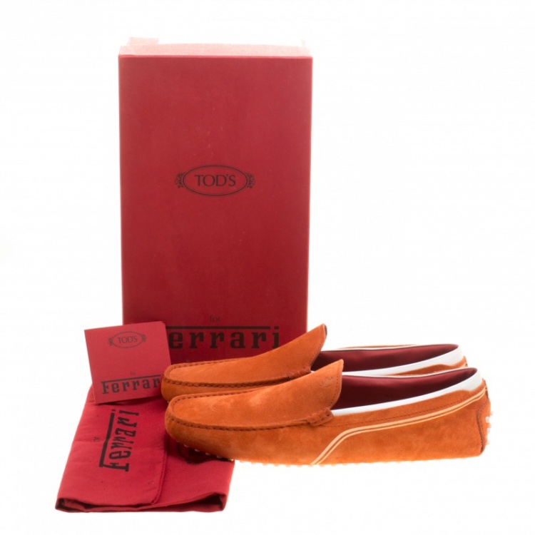 Pre Owned Tod's For Ferrari Orange and White Suede Loafers Size 44