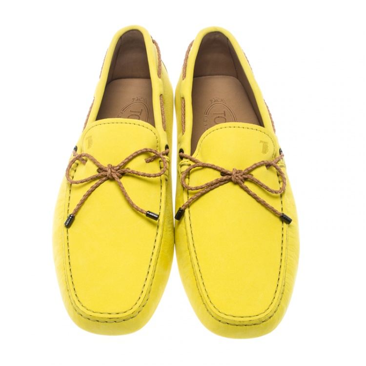 Pre Owned Tod's Yellow Suede with Contrast Braided Bow Loafers Size 45