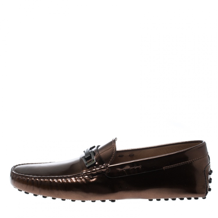 Pre Owned Tod's Metallic Bronze Leather Macro Clamp Loafers Size 42.5