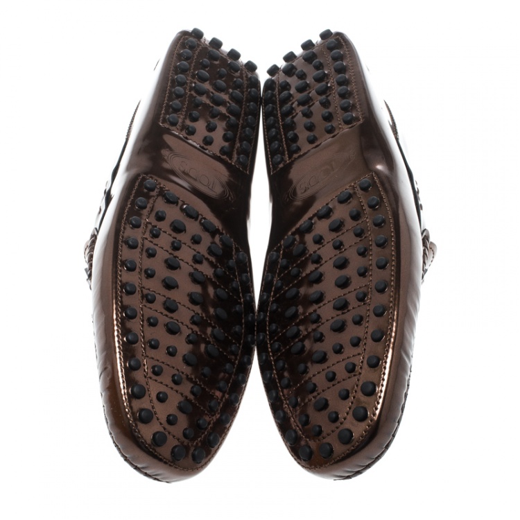 Pre Owned Tod's Metallic Bronze Leather Macro Clamp Loafers Size 42.5