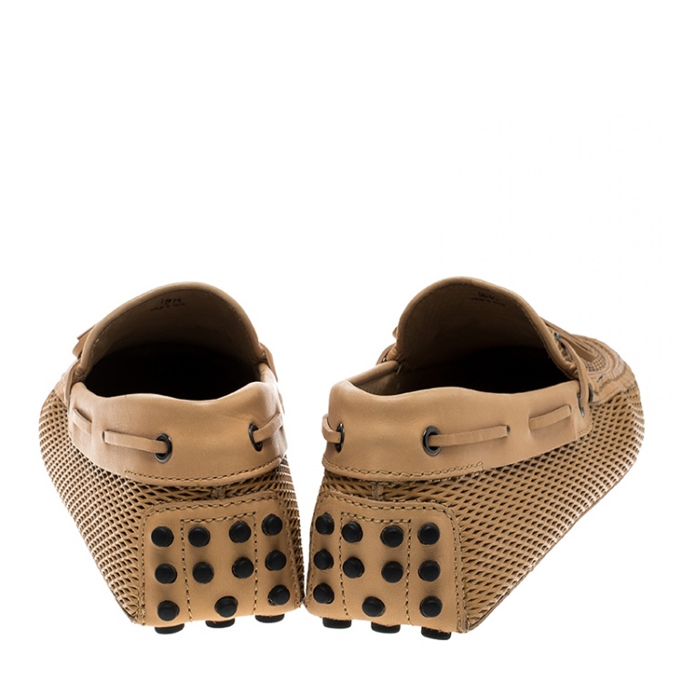 Pre Owned Tod's Beige Diamond Laser Cut Leather Bow Loafers Size 45
