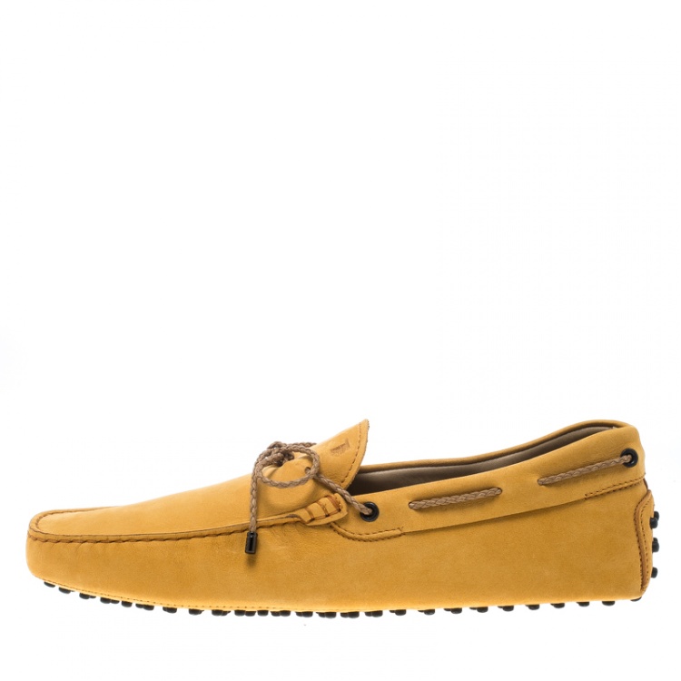 Pre Owned Tod's Alphonso Yellow Suede with Contrast Braided Bow Loafers Size 45