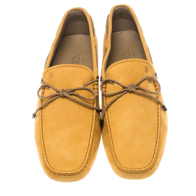 Pre Owned Tod's Alphonso Yellow Suede with Contrast Braided Bow Loafers Size 45