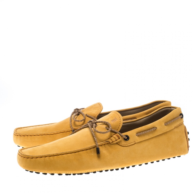 Pre Owned Tod's Alphonso Yellow Suede with Contrast Braided Bow Loafers Size 45