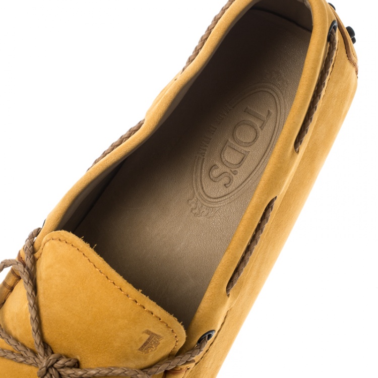 Pre Owned Tod's Alphonso Yellow Suede with Contrast Braided Bow Loafers Size 45
