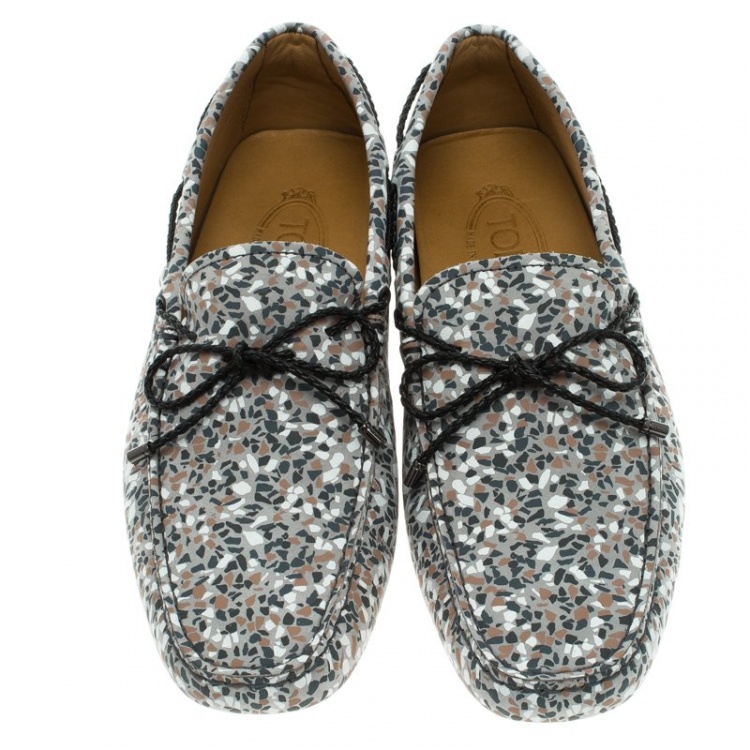 Pre Owned Tod's Grey Printed Leather Bow Loafers Size 42