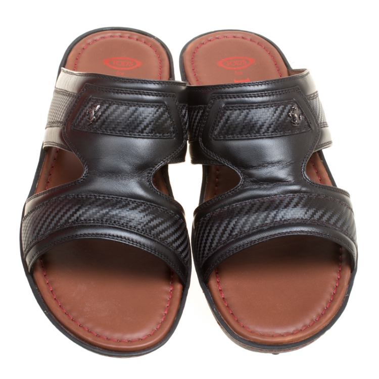 Pre Owned Tod's For Ferrari Limited Edition Black Leather Platform Slide Sandals Size 41.5