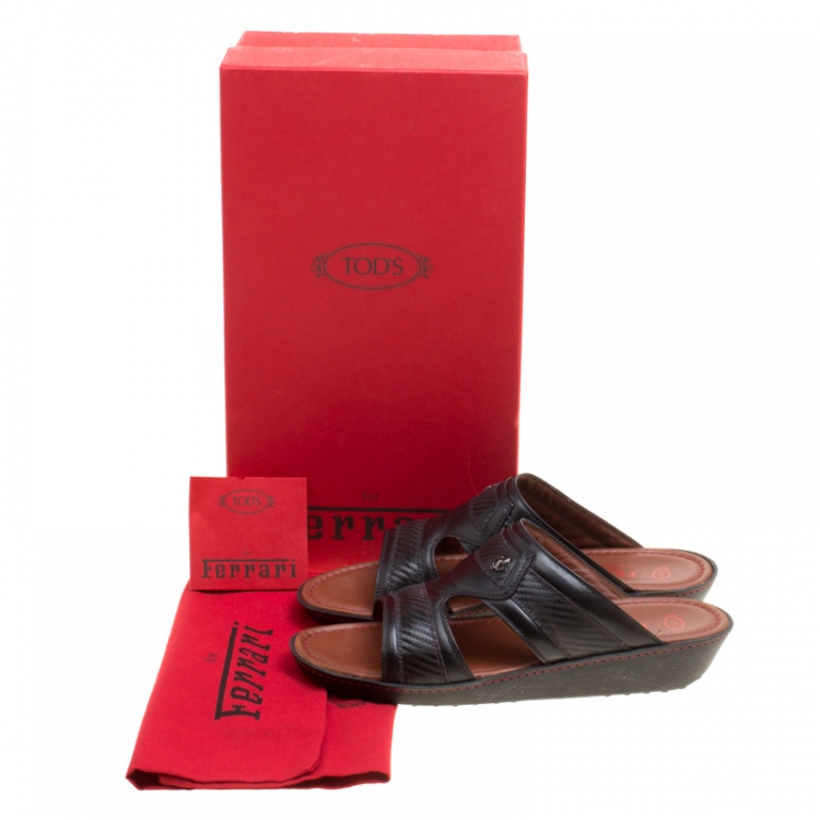 Pre Owned Tod's for Ferrari Limited Edition Black Leather Platform Slide Sandals Size 41
