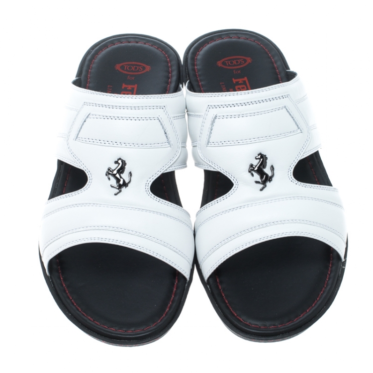 Pre Owned Tod's for Ferrari Limited Edition White Leather Platform Slide Sandals Size 42