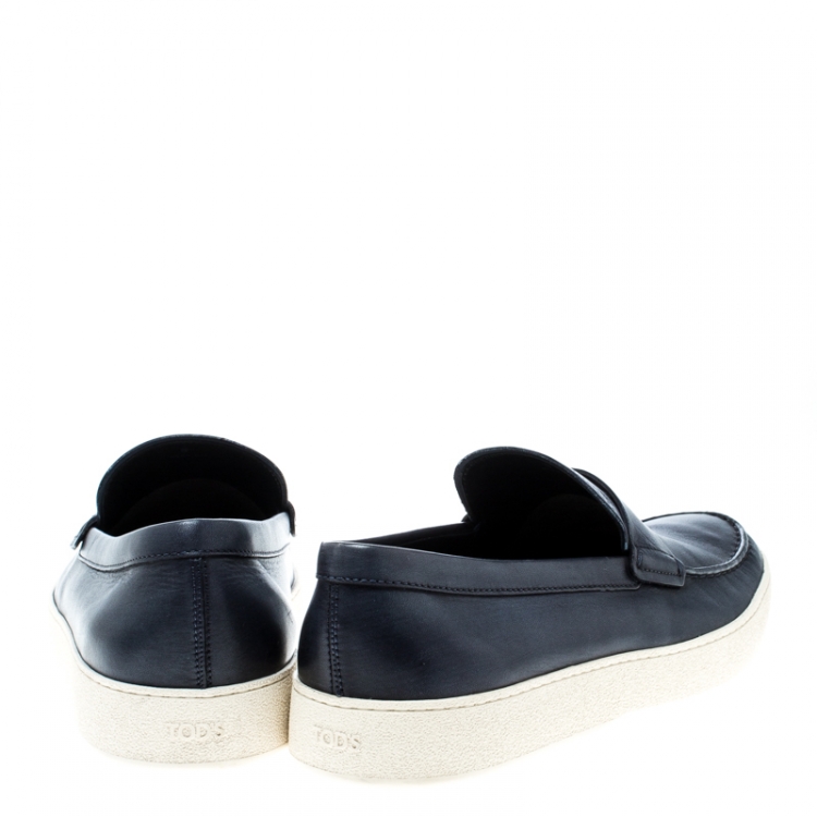 Pre Owned Tod's Blue Leather Penny Boat Slip On Sneakers Size 42