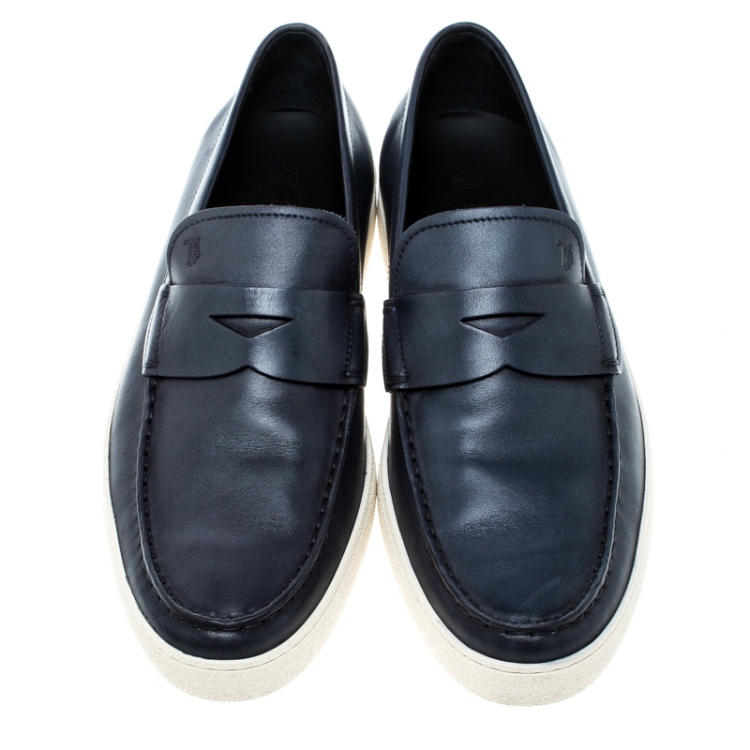 Pre Owned Tod's Blue Leather Penny Boat Slip On Sneakers Size 42